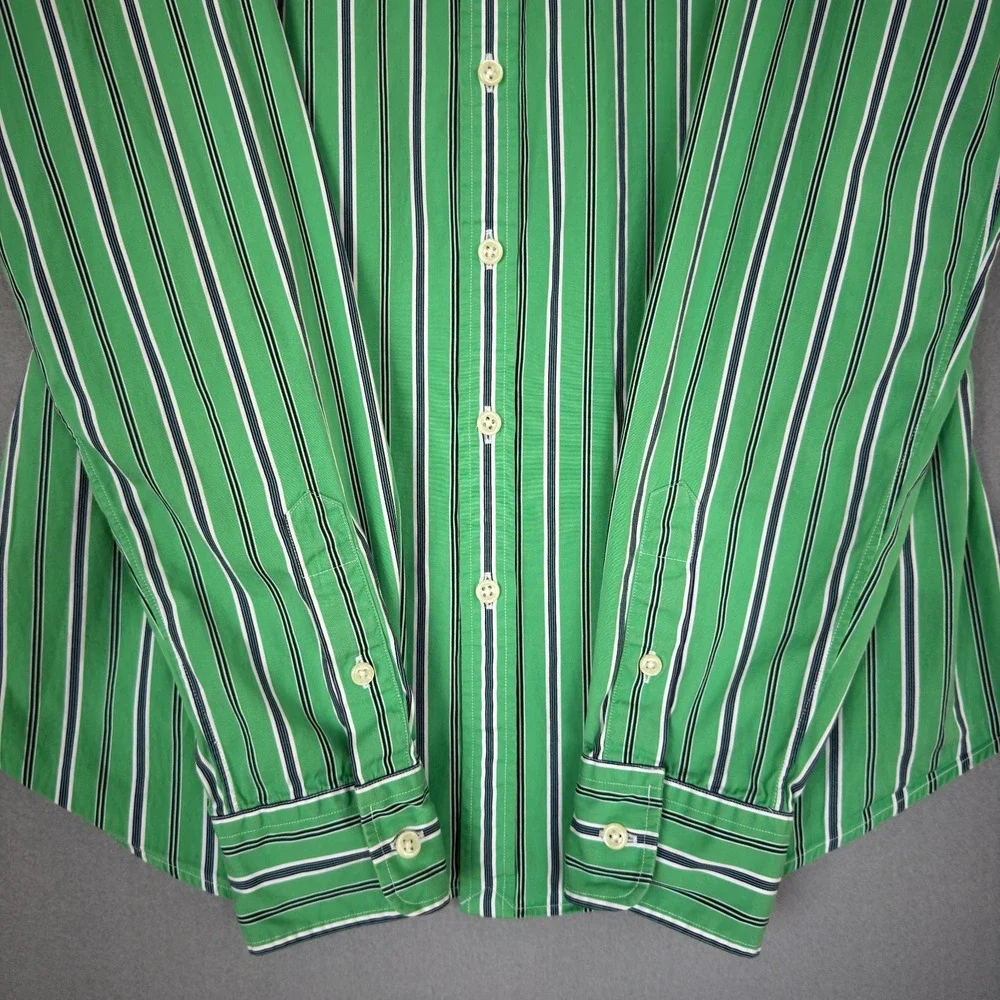 Ralph Lauren Boys 10 Slim Fit Green Striped Button Down‎ Long Sleeve Shirt